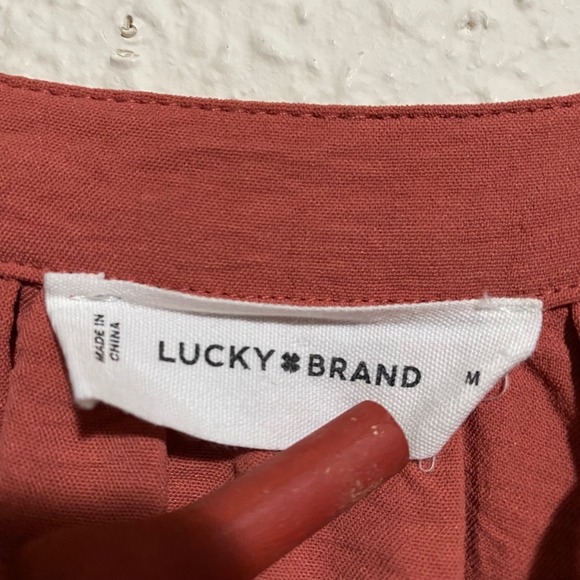 Lucky Brand Rust Textured Tiered Midi Dress Tassel Tie Neck Women's M boho sunny - Picture 2 of 7